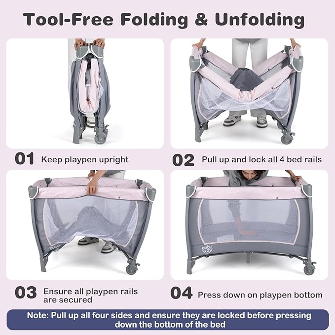BABY JOY 5 in 1 Pack and Play, Portable Baby Playard w/Bassinet & Diaper Changing Table, Infant Pink Bassinet Crib with Toys & Music & Oxford Bag for Baby Girl Toddlers (Pink + Purple, Classic)