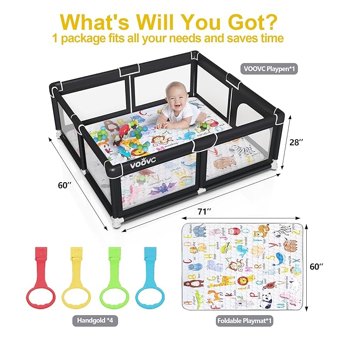 Premium Baby Playpen with Mat, 71x60 Inches Extra Large Playpen for Babies and Toddlers, Indoor & Outdoor Activity Center, Safety Baby Play Pen with Gate Prints Black