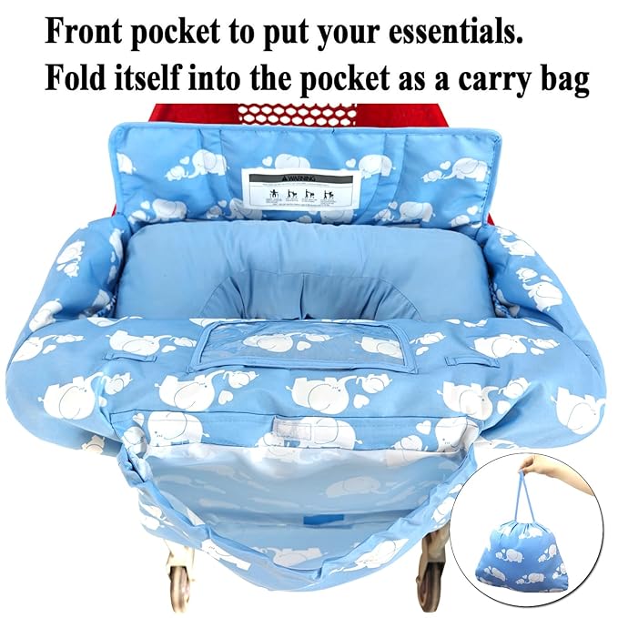 Soft Pillow Attached 2-in-1 Shopping Cart and High Chair Cover for Baby, Cotton Padded Cart Cover, Fold'n Roll Style, Portable with Carry Bag (Blue Elephant)