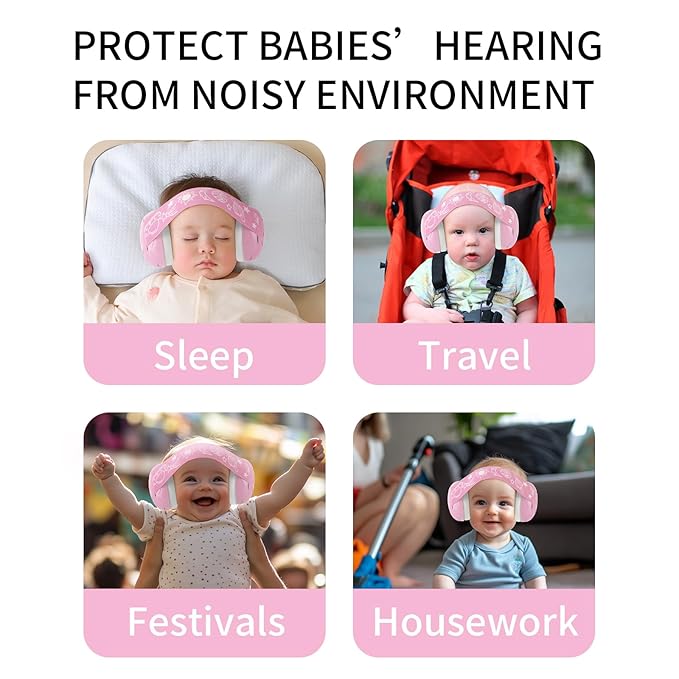 LYSIAN Pink Baby Ear Muffs Noise Cancelling with Elastic Headband, Baby Headphones Earmuffs for Infant Hearing Protection Sleeping, Nap, Travel, Games, Festival