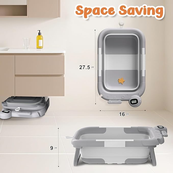 Collapsible Baby Bathtub for Newborn,Baby Tub with Soft Floating Cushion & Thermometer for Infant to Toddler,Portable Travel Bathtub with No-Slip Feet for 0-36 Months-Gray