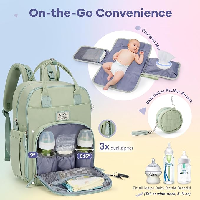RUVALINO Diaper Bag Backpack, Multifunction Travel Pack Maternity Baby Changing Bags, Large Capacity, Waterproof, Light Green