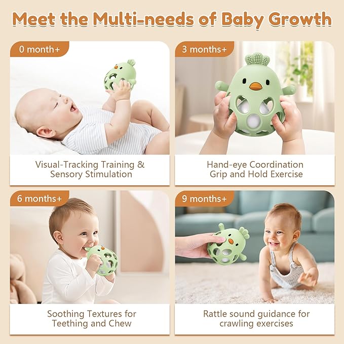 MCGMITT Baby Teething Toys for 3-6 Months, Easy Grasp Silicone Infant Rattle Teether Toy for 0-12 Months, BPA-Free Food Grade Baby Montessori Sensory Toys, Soft Infant Chew Toys for Teething Relief