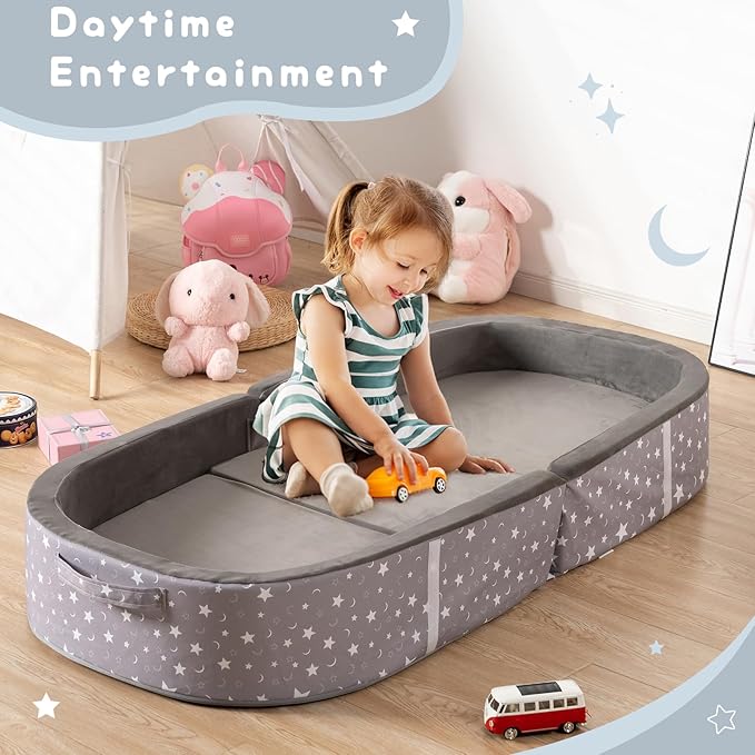 BYBYME Portable Toddler Travel Bed - Waterproof Foldable Floor Crib with Washable Fitted Sheet - Ideal Folding Toddler Cots for Sleeping and Sleepovers (Dark Grey)