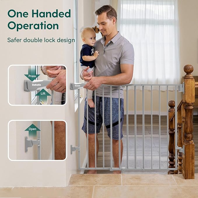 Babelio Baby Gate for Stairs, Kitchen & Doorways, 26-41" W 28" H No Bottom Bar| Easy Installation| One-Handed Operation| Auto-Close| Hardware Mount Safety Dog/Pet Gate Indoor (Grey)