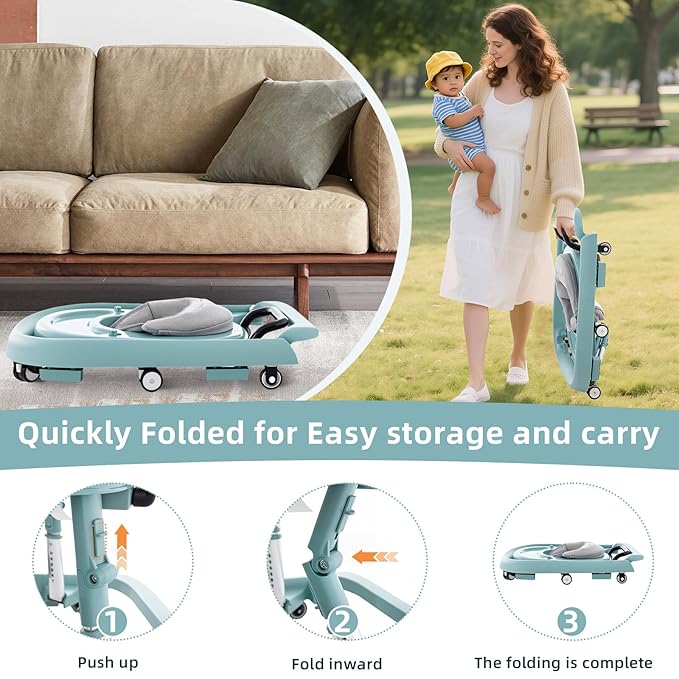 Baby Walker Foldable with Music and Lights,Portable Baby Walker with Wheels,9 Adjustable Heights,Removable Tray&Footrest, Speed Adjustable,Infant Toddler Walker for Baby Boy Girls 6-18 Months(Green)