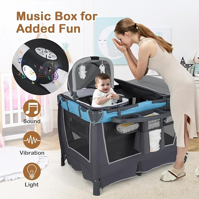 HONEY JOY Pack and Play, 5 in 1 Portable Infant Playpen with Bassinet & Changing Table, Storage Bag, Music Box, Toys, Carry Bag, Nursery Center, Baby Playard Pack n Play Crib for Boys Girls