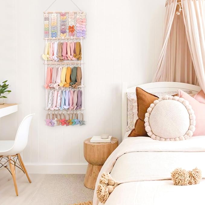 POVETIRE Headband Holder Hair Bows Organizer for Girls, Baby Headbands Hair Accessories Organizer Storage Wall Hanging Decor for Toddler Girls Room (Pink ribbon - 4 Tier)