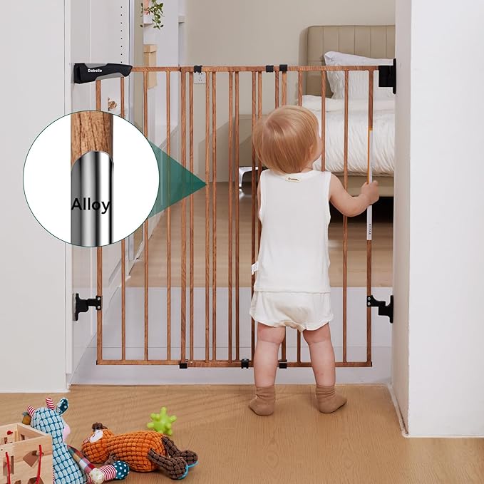 Babelio Baby Gate for Stairs, Kitchen & Doorways, 26-41" W 28" H No Bottom Bar| Easy Installation| One-Handed Operation| Auto-Close| Hardware Mount Safety Dog/Pet Gate Indoor (Brown Wood Pattern)