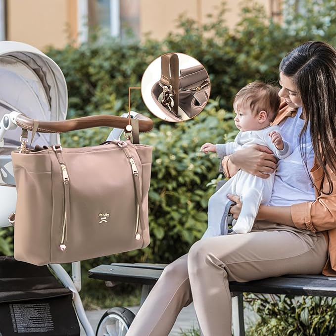 miss fong Diaper Bag Tote Leather Diaper Bag Backpack, Large Capacity Mommy Bag Hospital Bag, 12 Pockets Travel Diaper Tote with Changing Pad,Stroller Straps & Insulated Pockets for Mom & Dad-Khaki