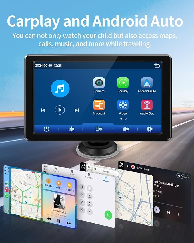 1296p Full HD Baby Car Camera, Car Baby Monitor with 7" Touchscreen, CarPlay, No-Glow Night Vision, 150° Wide Angle, Live Rear Seat View, Easy Installation, Fits Most Cars