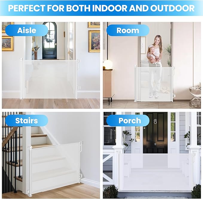 Retractable Safety Baby Gate or Mesh Dog Gate,Durable Portable Mesh Retractable Gate,Easy to Use for Stairs, Doorways, Hallways, Indoor, Outdoor, 33.5" Tall, Extends to 55" Wide,White