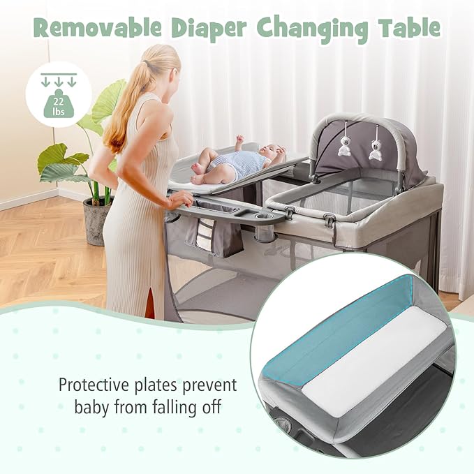 HONEY JOY Pack and Play with Bassinet, 5 in 1 Portable Baby Playard w/Changing Table, Removable Infant Full-Size Bassinet & Mattress, Diaper Storage Bag, Foldable Newborn Nursery Center w/Carry Bag