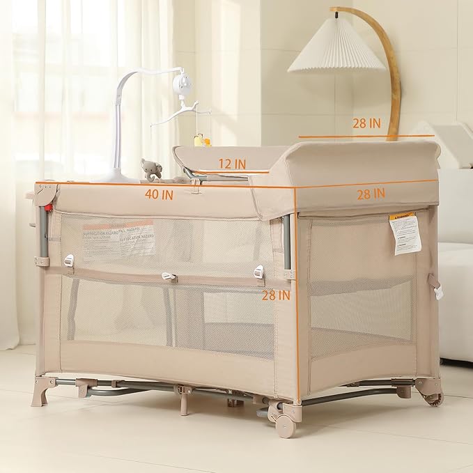 5 in 1 Pack and Play, Baby Bassinet Bedside Sleeper, Baby Playard, Bedside Crib with Changing Table, Foldable Travel Playard for Newborn to Toddles (Beige)