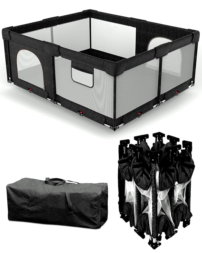 Foldable Baby Playpen with Non-Removable Thick Mat, Extra Large Collapsible Play Yard for Babies & Toddlers, Portable Travel Playpen with Gate, Safe Activity Center (59"×71" Black)