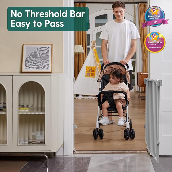 Babelio Baby Gate for Stairs, Kitchen & Doorways, 26-41" W 34" H Extra Tall| No Bottom Bar| Easy Installation| One-Handed Operation| Auto-Close| Hardware Mount Safety Dog/Pet Gate Indoor (Grey)