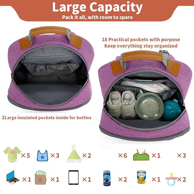 Diaper Bag Backpack, Large Baby Nappy Bags with Portable Changing Pad for Boys and GirlsMultifunction Travel Baby Bag for Moms Dads, Shower Gifts Waterproof and Stylish,Purple