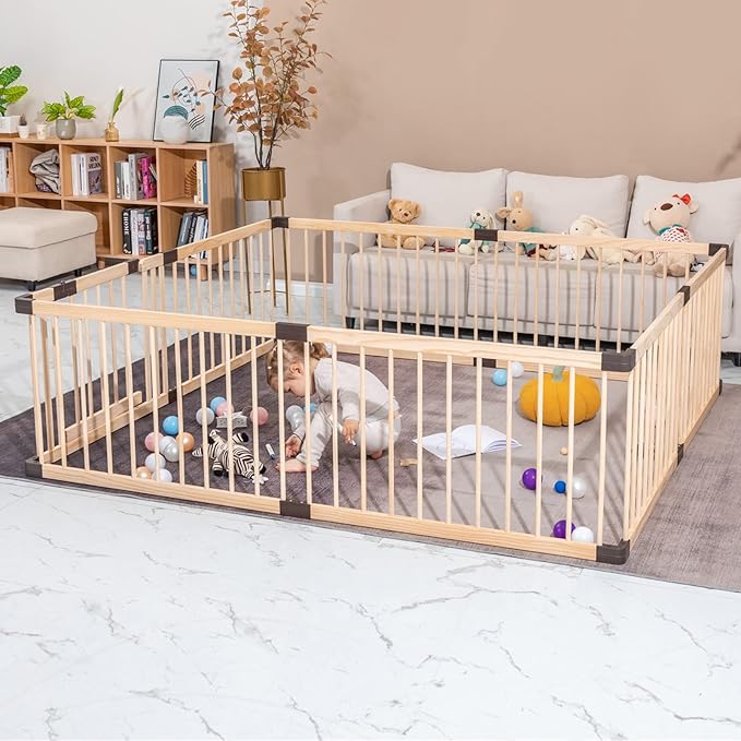 Baby Playpen Fence Yards Wooden,Playpen for Babies and Toddlers, Wooden Baby Playpen Play Pen,Conababy Baby,Baby Activity Center,Baby Playpen with Door (120x160CM)
