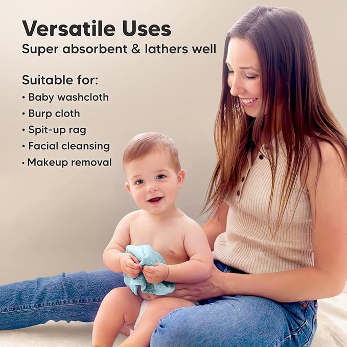 6-Pack Soft Baby Washcloths, Viscose from Bamboo - Kids, Newborn Bath Towels, Infant Shower, Toddler Reusable Face Towel, Gentle on Skin, Face Wash Cloths for Babies, 10x10 (Sky)