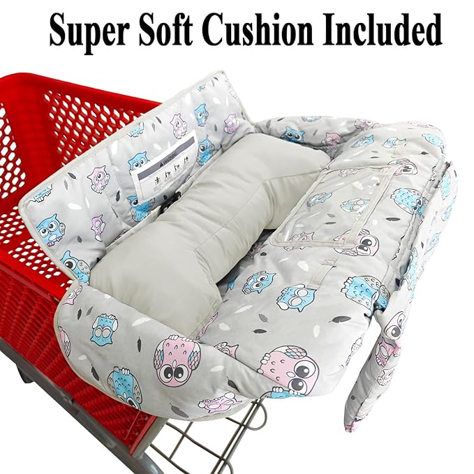 Soft Pillow Attached 2-in-1 Shopping Cart and High Chair Cover for Baby, Cotton Padded Cart Cover, Fold'n Roll Style, Portable with Carry Bag (Gray Owl)