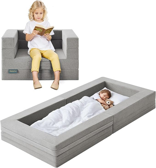 Travel Toddler Bed, 3-in-1 Convertible Sofa Bed for Toddler Portable Floor Beds, Flip Open Sofa Lounger for Girls and Boys, Made with High-Density Foam and Washable Cover,Ash