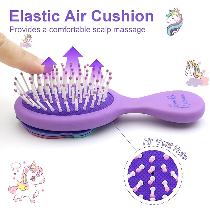 Toddler Hair Brush - Mini Hair Brush for Kids - Travel Brush for Boys and Girls - Unicorn Brush with Air Cushion - Pupple