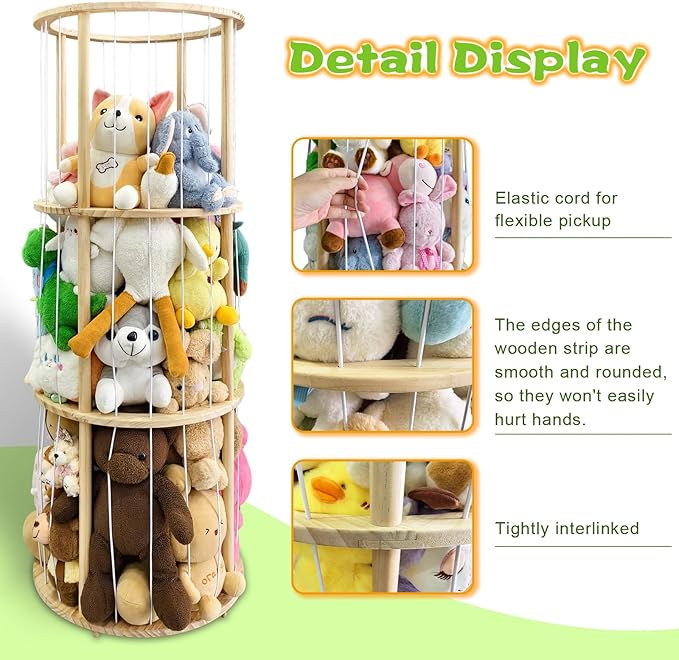 Rotatable Wooden Stuffed Animal Storage with Turntable and Elastic Band, Extra Large Capacity Plush Toy Cage, Wooden Cute Zoo Toy Holder for Toddler Rooms, Playrooms & Bedrooms