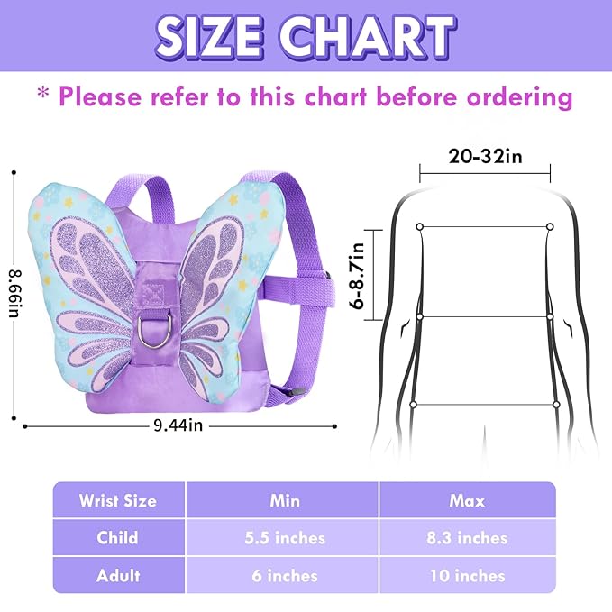 Lehoo Castle Toddler Leash for 1-5 Years, Baby Safety Harness for Girls with Anti-Lost Key Lock & Adjustable Strap, 3-in-1 Wrist Leash and Kids Backpack Harness for Walking Travel (Purple Butterfly)