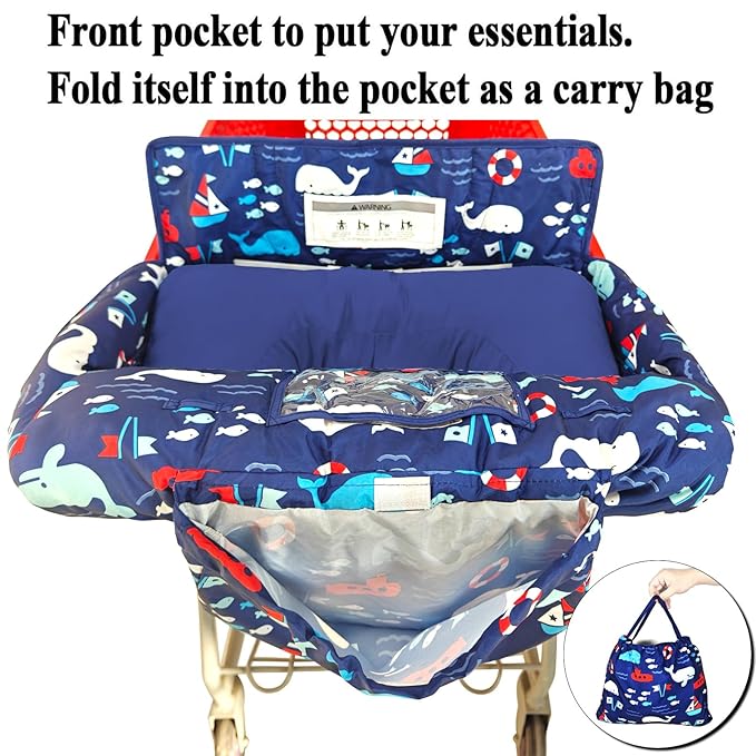 Soft Pillow Attached 2-in-1 Shopping Cart and High Chair Cover for Baby, Cotton Padded Cart Cover, Fold'n Roll Style, Portable with Carry Bag (Navy Blue Whale)