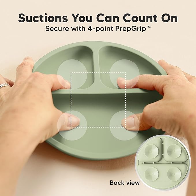 KeaBabies Suction Plates for Baby, Toddler - 3-Pack 100% Silicone Toddler Plates with Suction, Divided, BPA-Free Baby Led Weaning Essentials for Kids, Dishwasher, Microwave Safe, Durable (Sage)