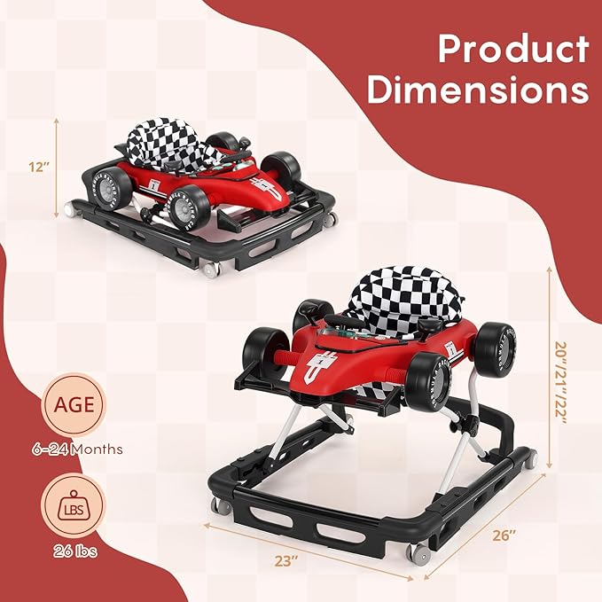 Baby Walker with Wheels, 4-in-1 Baby Walker for Boys Girls Foldable Activity Walker with Adjustable Height Toddler Infant Walker with Music and Lights Walker for Baby 6-24 Months, Red