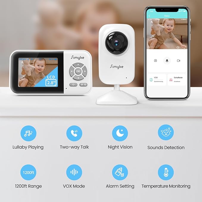 Video Baby Monitor with Camera No WiFi 1200ft Long Range, 2.8" Plug & Play Diaplay, Auto Night Vision, 5 Lullabies Portable Baby Sound Monitor, Baby Room Use, for Baby/Elderly