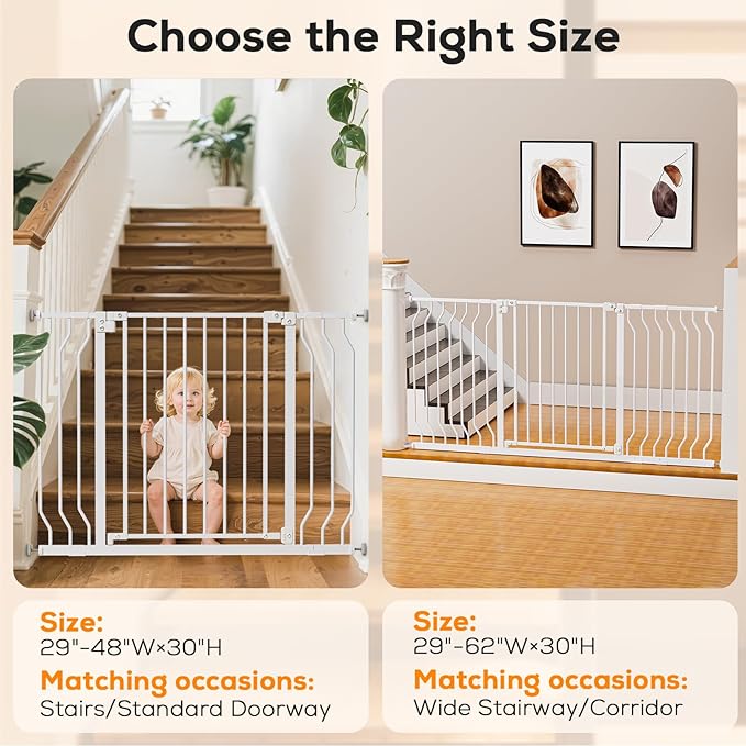 29-62" Baby Gate for Stairs, Baby Safety Essentials, Auto Close Gate for Doorways, Easy Install Pressure Mounted Dog Gate Indoor, Pet Gates for Dogs, White