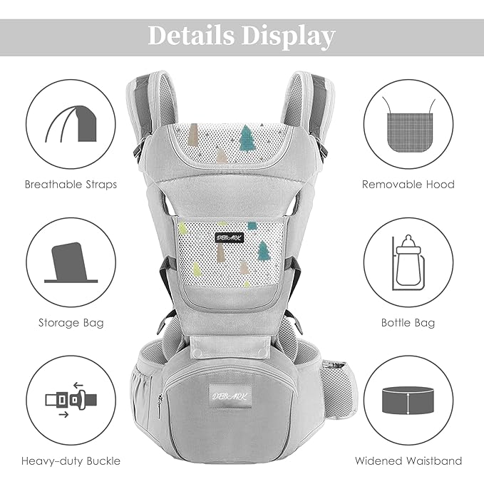 Baby Carrier Newborn to Toddler - Debark Baby Carrier with Hip Seat, 6-in-1 Adjustable Detachable Ergonomic Infant Carrier for Babies from 0-36 Months, Ideal for Baby Travel Essentials (Grey)
