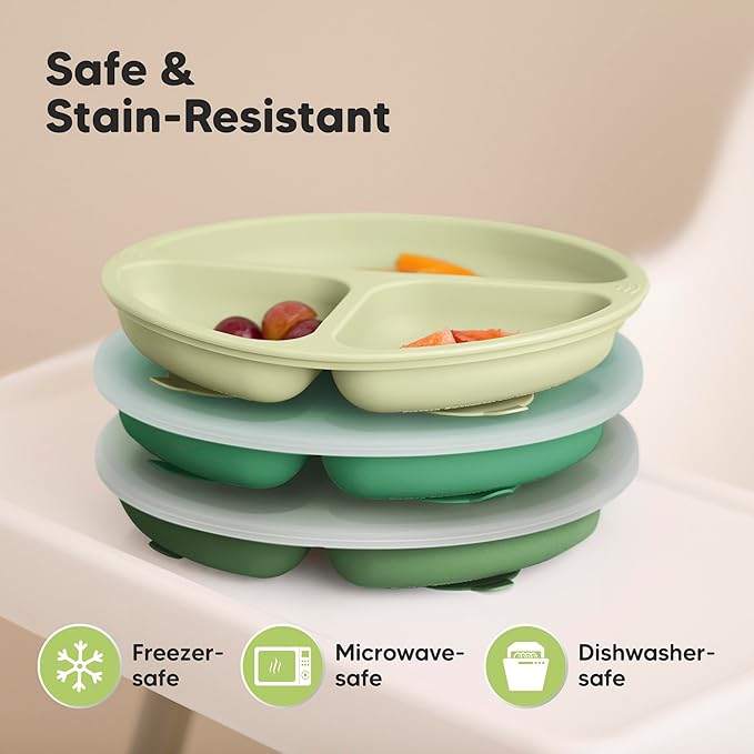 KeaBabies Suction Plates with Lids for Baby - 3-Pack 100% Silicone Toddler Plates with Suction, Divided, BPA-Free Baby Led Weaning Essentials for Kids, Dishwasher, Microwave Safe, Durable (Forest)