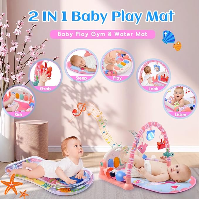 Baby Gyms Play Mats with Tummy Time Water Mat, Activity Mat Play Piano Gym with 5 Sensory Toys for Babies, Music and Lights Boy & Girl Gifts for Infant Newborn Babies 0-3 4-6 6-9 6-12 Months