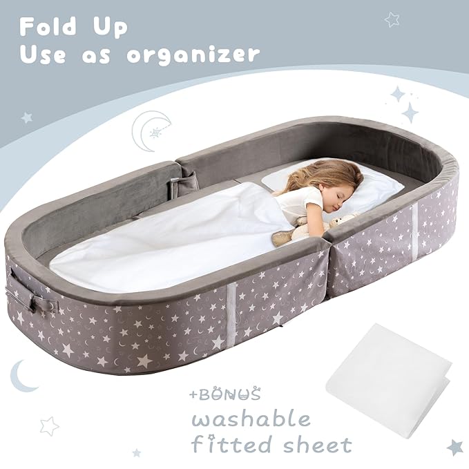 BYBYME Portable Toddler Travel Bed - Waterproof Foldable Floor Crib with Washable Fitted Sheet - Ideal Folding Toddler Cots for Sleeping and Sleepovers (Dark Grey)