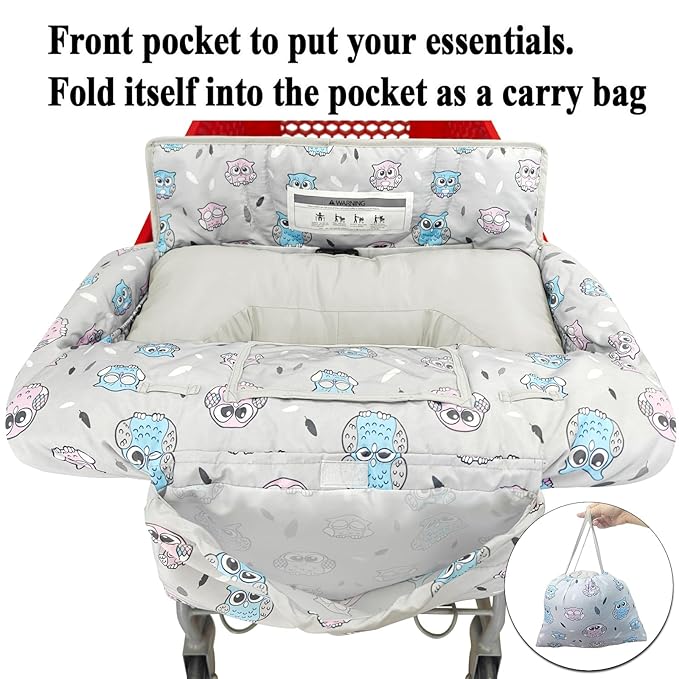 Soft Pillow Attached 2-in-1 Shopping Cart and High Chair Cover for Baby, Cotton Padded Cart Cover, Fold'n Roll Style, Portable with Carry Bag (Gray Owl)