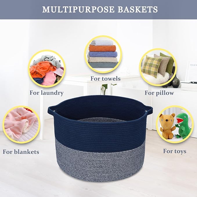Extra Large Blanket Basket 87L, Laundry Hamper, Baby Nursery Hamper for Storage Toys Clothes Towels, Large Cotton Rope Laundry Basket for Girls Boys, 22”x 14”, Navy Blue