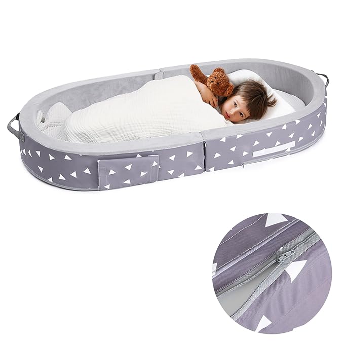 Mooedcoe Portable Foldable Toddler Floor Bed with Sides, Portable Toddler Bumper Bed for Travel Kid Foam Sleeping Cot