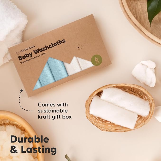 6-Pack Soft Baby Washcloths, Viscose from Bamboo - Kids, Newborn Bath Towels, Infant Shower, Toddler Reusable Face Towel, Gentle on Skin, Face Wash Cloths for Babies, 10x10 (White/Sky)