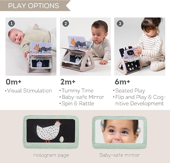 Taf Toys Black & White Rattling Spinning Book High Contrast Newborn Baby Toy 0-6 6-12 Months with Mirror for Visual Stimulation, Tummy Time & Early Cognitive Development, Montessori Learning Activity