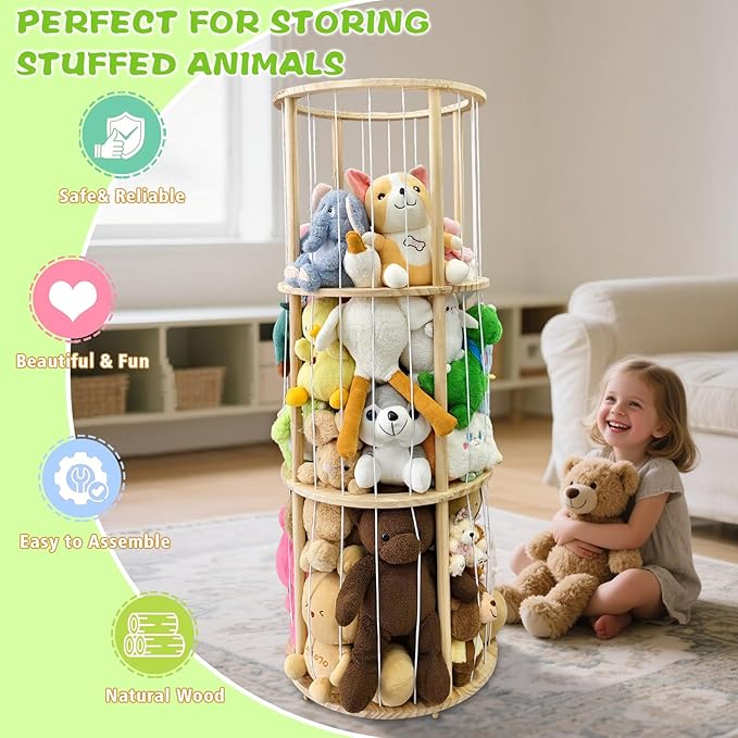 Rotatable Wooden Stuffed Animal Storage with Turntable and Elastic Band, Extra Large Capacity Plush Toy Cage, Wooden Cute Zoo Toy Holder for Toddler Rooms, Playrooms & Bedrooms