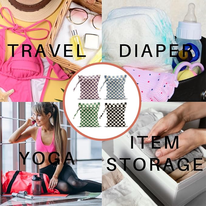 4 Pack Cute Wet Bag Waterproof Washable Reusable Wet Dry Bag for Swimsuit Dirty Clothes Diaper Travel Pool Yoga Gym Christmas Birthday Party Camping Toiletries Beach Essentials, Colorful Checkered