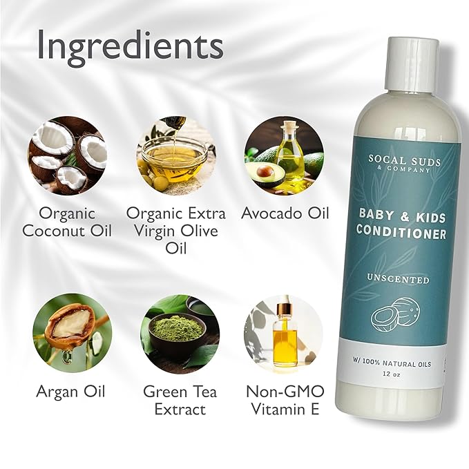 SoCal Suds & Company - Organic Baby & Kids Conditioner - Gentle Natural Ingredients, Vitamin Rich Organic Oils for Babies and Kids Sensitive Scalp - Fragrance Free, 12oz - 2 Pack