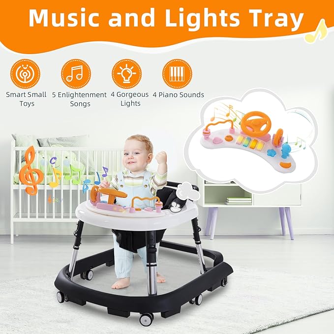 Baby Walker Foldable with Music and Lights,Portable Baby Walker with Wheels,9 Adjustable Heights,Removable Tray&Footrest, Speed Adjustable,Infant Toddler Walker for Baby Boy Girls 6-18 Months (Black)