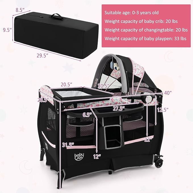 BABY JOY 4 in 1 Pack and Play, Portable Baby Playard with Bassinet & Flip-Away Changing Table, Canopy, Infant Bassinet with Storage Basket, Oxford Bag from Newborn to Toddlers (Pink Flower)