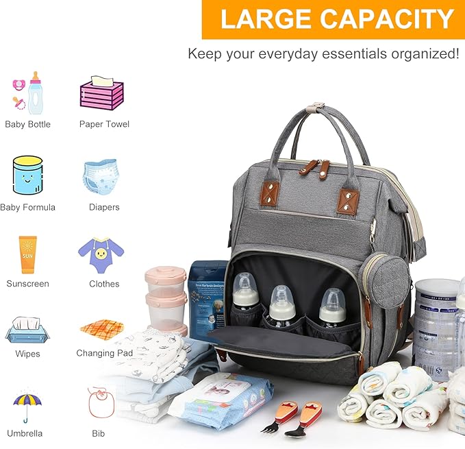 Diaper Bag with Changing Station, Waterproof 3 in 1 Baby Diaper Backpack with Foldable Changing Pad, Large Travel Back Pack for Baby Girl Boy, Grey