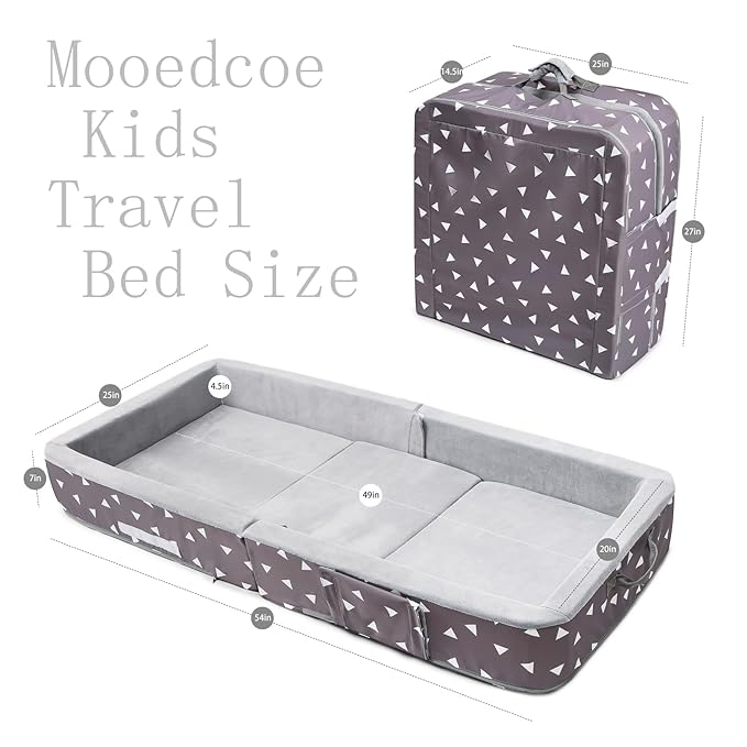 Mooedcoe Portable Foldable Toddler Travel Bed with Sides, Folding Toddler Bed for Travel Kid Foam Sleeping Cot for Children 18M – 5yr Old(Rectangular, Triangle)