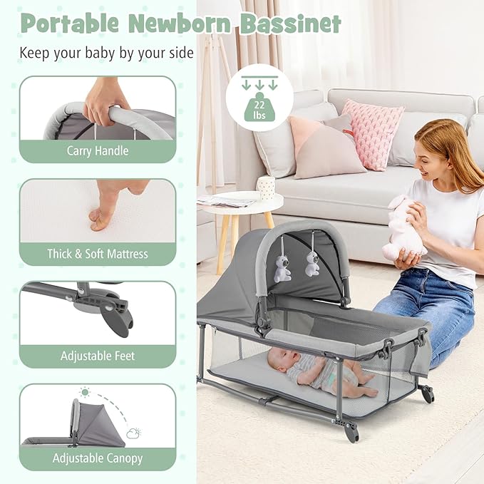 HONEY JOY Pack and Play with Bassinet, 5 in 1 Portable Baby Playard w/Changing Table, Removable Infant Full-Size Bassinet & Mattress, Diaper Storage Bag, Foldable Newborn Nursery Center w/Carry Bag